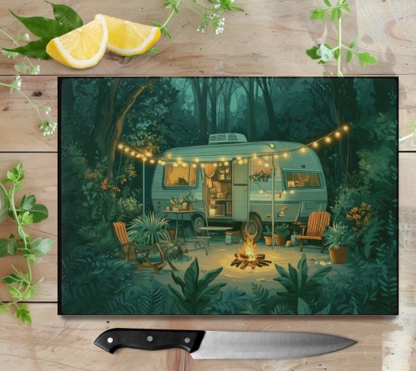 Cozy Forest Camping Scene Cutting Board Sublimation PNG Design