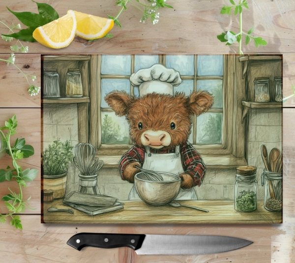 Adorable Highland Cow Chef Cutting Board Sublimation PNG Design