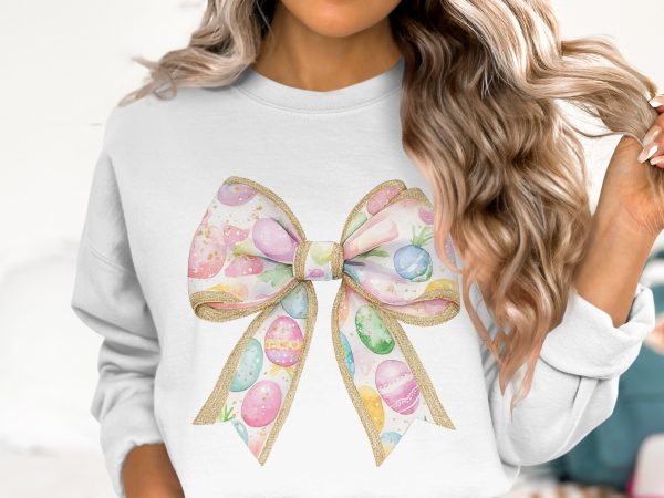 Easter Egg Pastel Bow PNG, Gold Glitter Ribbon Sublimation, Spring Holiday Digital Art, 300 DPI Transparent Background - Image 2