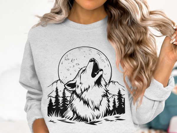 Howling Wolf with Full Moon SVG File Design Element - Image 3