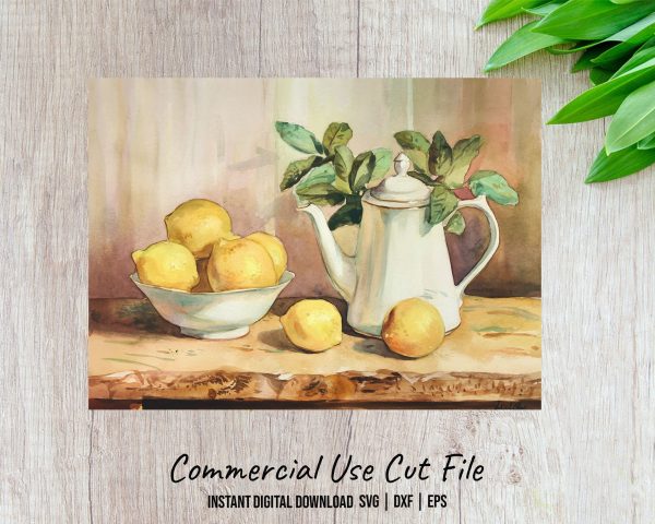 Lemon and Teapot Illustration Glass Cutting Board Sublimation Design - Image 2