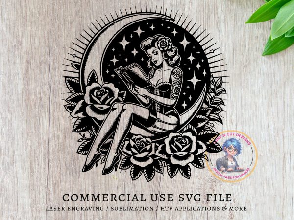 Moonlit Woman with Book Floral Motif SVG Design Element