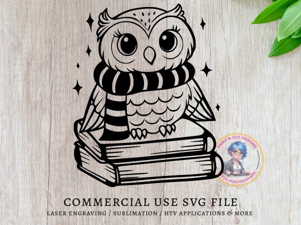 Cute Owl on Books with Scarf Illustration SVG Design Element File