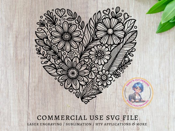 Ornate Heart Shape with Flowers SVG Design Element File