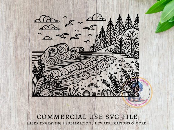 Intricate Ocean Waves and Forest Scene SVG Design Element File