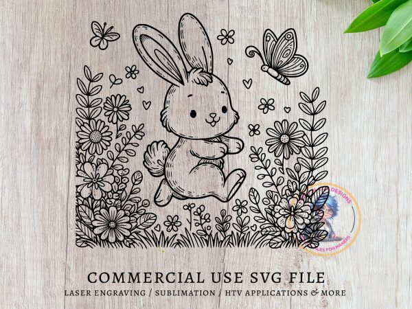 Adorable Bunny and Butterfly Floral Scene SVG Design Element File