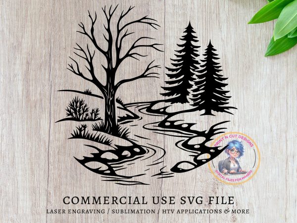 Scenic River Landscape with Trees SVG Design Element File