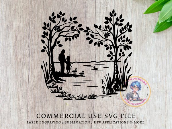 Family Watching Ducks Scene Nature Art SVG File Design Element