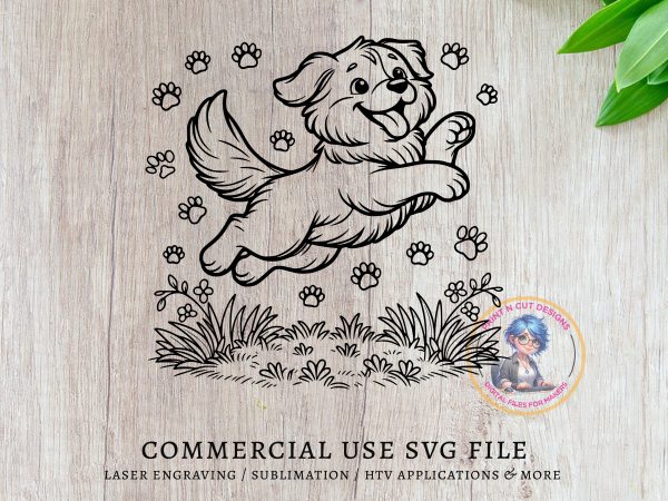 Playful Jumping Puppy with Paw Prints SVG File Design Element