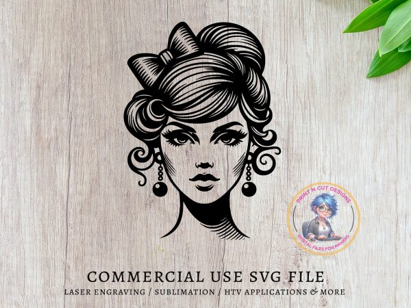 Retro Elegant Woman Portrait with Bow SVG File Design Element