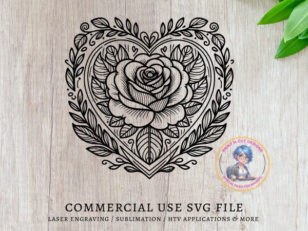 Ornate Heart and Rose Illustration SVG File Design Element