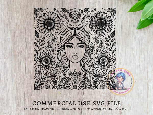 Beautiful Woman Surrounded by Flowers SVG File Design Element