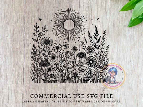 Beautiful Intricate Sun and Flowers SVG File Design Element