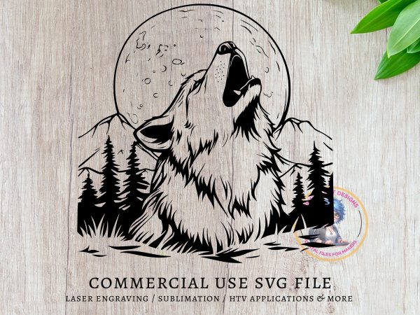 Howling Wolf with Full Moon SVG File Design Element