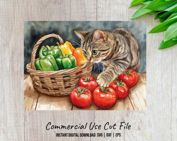 Curious Cat with Vegetables Glass Cutting Board Sublimation Design - Image 2