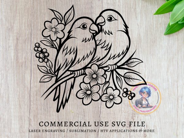 Romantic Love Birds with Flowers SVG File Design Element