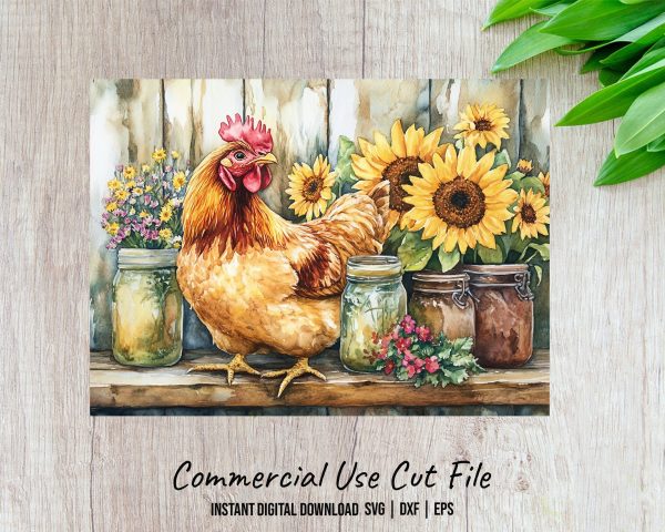 Rustic Rooster and Sunflowers Glass Cutting Board Sublimation Design - Image 2