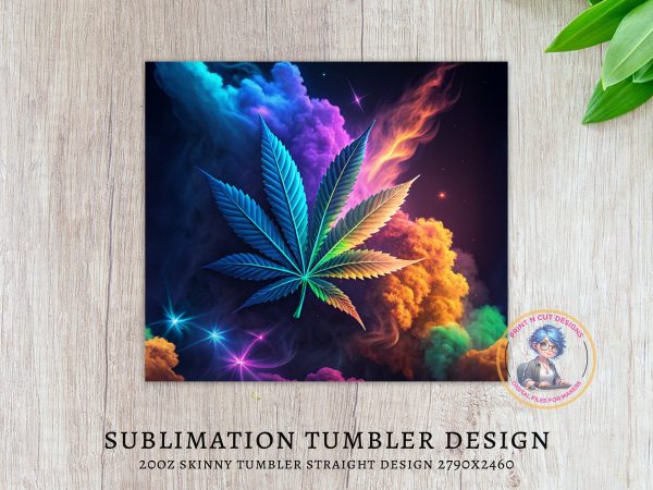 Psychedelic Cannabis Leaf Colorful Art 20oz Skinny Tumbler Sublimation Wrap PNG - Image 4