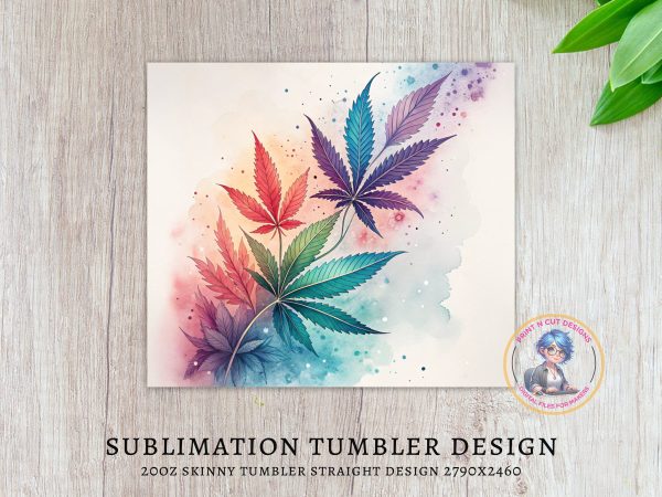 Colorful Cannabis Leaves on Watercolor Background 20oz Skinny Tumbler Sublimation Wrap PNG - Image 4