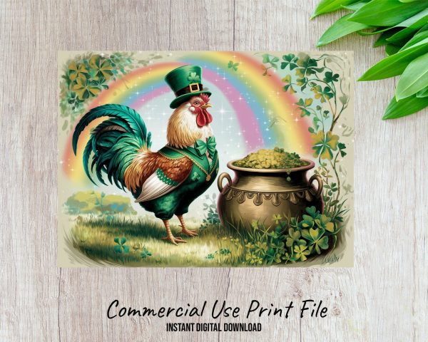 Irish Rooster with Pot of Gold Rainbow PNG Design, St Patrick's Day Cutting Board Sublimation PNG, Shamrock Chicken Art - Image 2