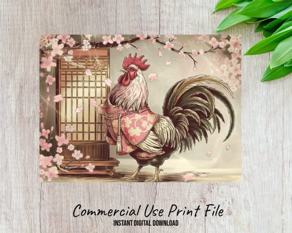 Rooster Sublimation PNG, Rustic Rooster Design, Farmhouse Kitchen Decor, Japanese Cherry Blossom Art, Digital Download Art - Image 2