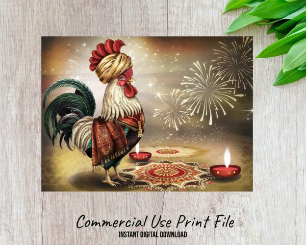 Rooster with Diwali Decorations Sublimation PNG, Festive Sublimation Design, Digital Download for Cutting Board - Image 2