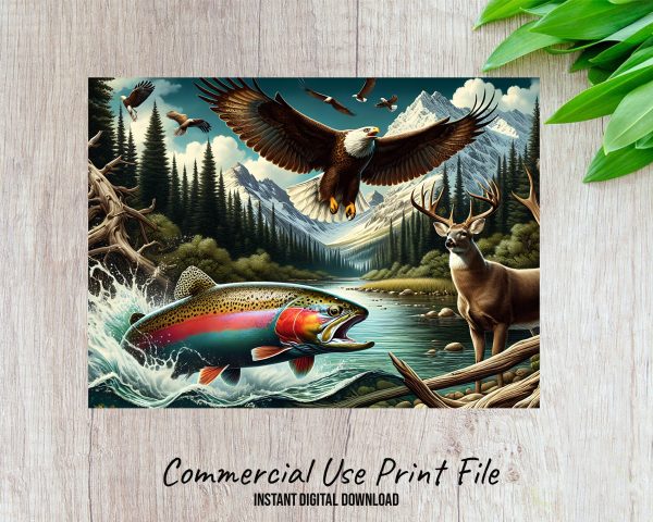 Majestic Wildlife River Scene Cutting Board Sublimation Design PNG - Image 2