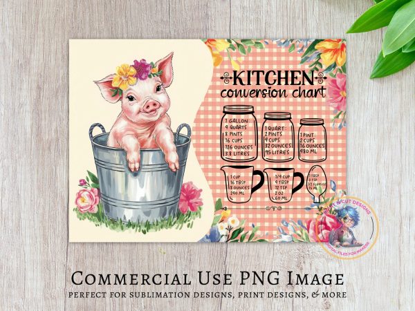 Cute Pig in Bucket with Kitchen Conversion Chart Glass Cutting Board Sublimation Design PNG - Image 2