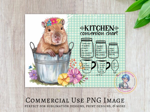 Cute Capybara Flower Cooking Kitchen Conversion Chart Glass Cutting Board Sublimation Design PNG - Image 2