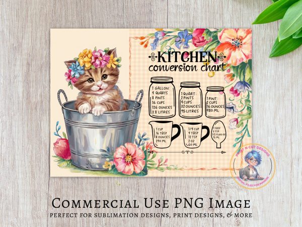 Adorable Kitten in Bucket Kitchen Conversion Chart Glass Cutting Board Sublimation Design PNG - Image 2