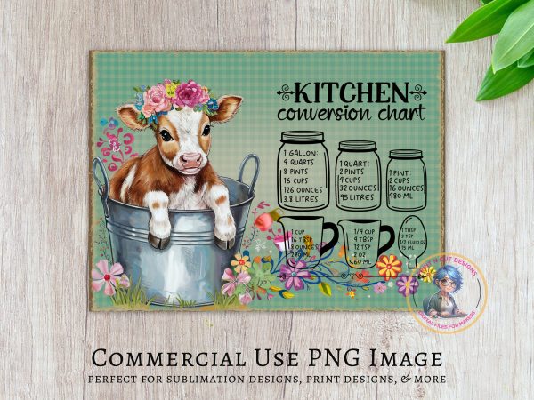 Bouquet Flower Crown Cow Kitchen Conversion Chart Glass Cutting Board Sublimation Design PNG - Image 2