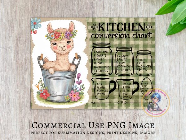 Cute Llama in Bucket Kitchen Conversion Chart Glass Cutting Board Sublimation Design PNG - Image 2