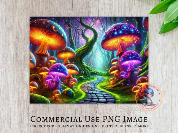 Colorful Enchanted Forest Mushroom Path Sublimation PNG, Vibrant Digital Art for Cutting Board Design, Whimsical Fantasy Landscape - Image 3