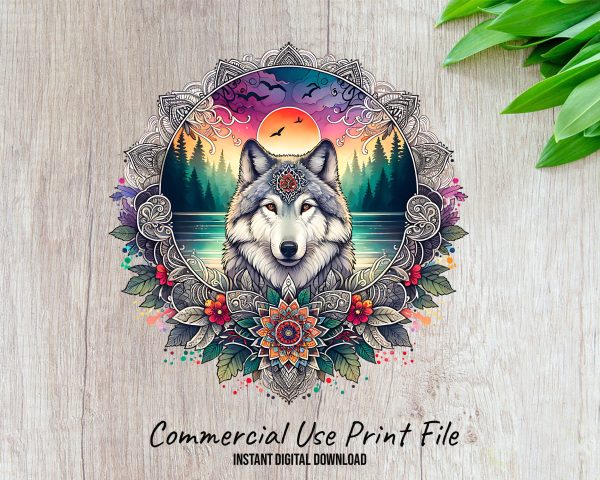 Detailed Wolf and Nature Mandala Sublimation Design 300 dpi PNG