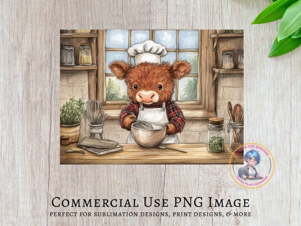 Adorable Highland Cow Chef Cutting Board Sublimation PNG Design - Image 3