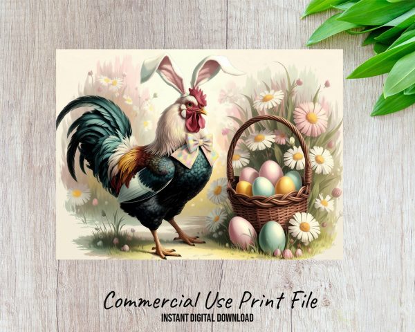 Chicken Easter Bunny Sublimation PNG Design, Vintage Rooster with Easter Eggs, Floral Spring Cutting Board Design - Image 2