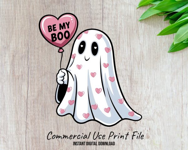 Cute Ghost with Balloon Be My Boo Sublimation Design 300 dpi PNG