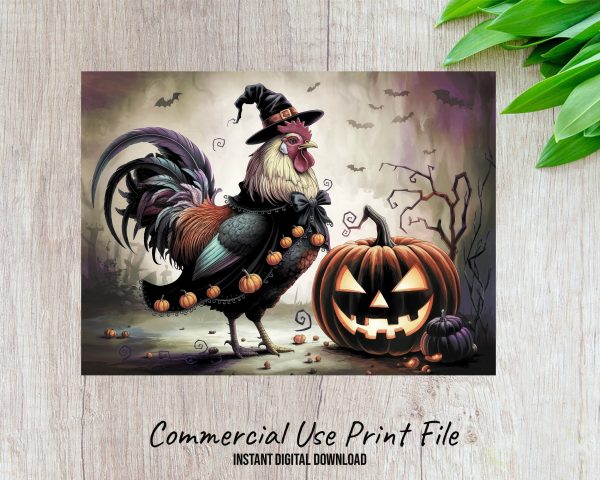 Halloween Rooster Digital Image, Rooster in Witch Hat, Halloween Decor, Cutting Board PNG, Rooster and Pumpkin Art - Image 2