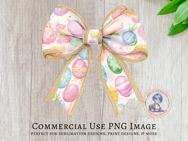 Easter Egg Pastel Bow PNG, Gold Glitter Ribbon Sublimation, Spring Holiday Digital Art, 300 DPI Transparent Background