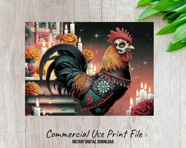 Rooster Day Of The Dead Sublimation PNG Design, Rooster Skull Art Printable, Digital Download for Crafts, Mexican Inspired PNG - Image 2