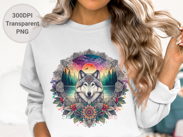 Detailed Wolf and Nature Mandala Sublimation Design 300 dpi PNG - Image 2