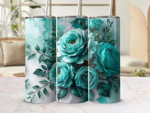 Stunning Blue Rose Floral 20oz Skinny Tumbler Sublimation Wrap - Image 2