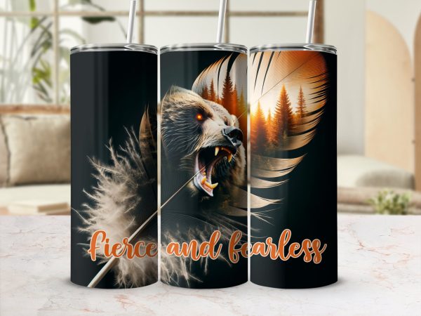 20oz Skinny Sublimation Tumbler Wrap, fierce and fearless design, forest bear art, inspirational gift for nature lovers - Image 2