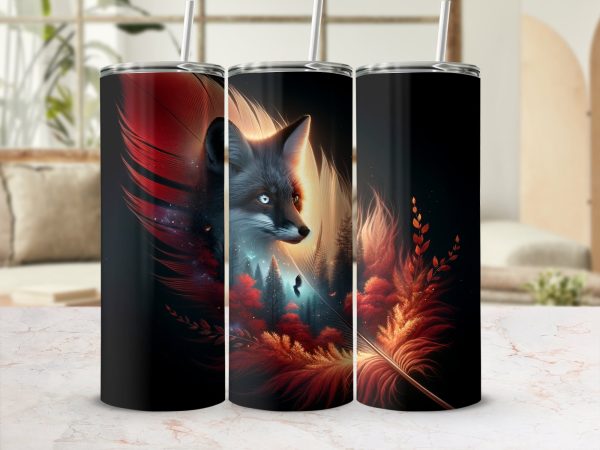 Fox Feather Forest Art 20oz Skinny Tumbler Wrap, Woodland Animal Design, Autumn Nature Scene, Sublimation Tumbler Wrap - Image 2