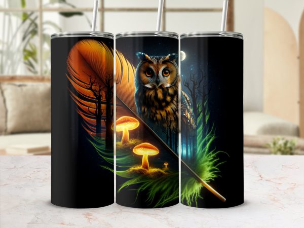 Owl Feather Moonlit Forest Tumbler, 20oz Skinny Sublimation Tumbler, Glow in the Dark Mug, Nature-Themed Tumbler - Image 2