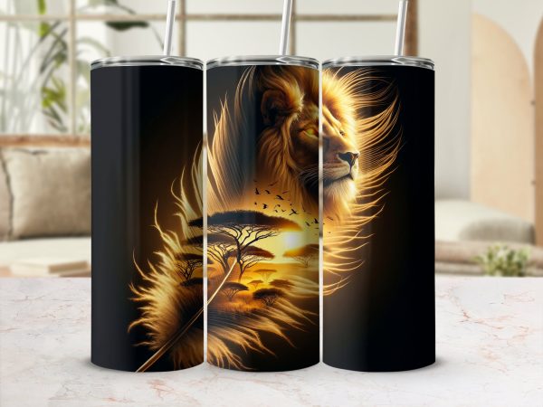 Lion 20oz Skinny Tumbler Wrap, African Savannah Sunset 20oz Tumbler, Wildlife Art Sublimation Tumbler, Animal Print Drinkware - Image 2