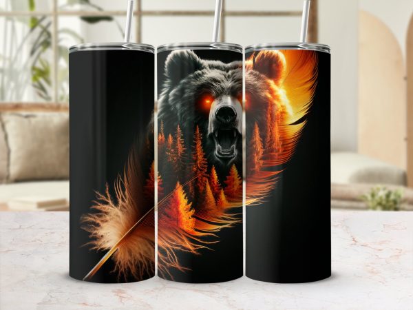 Bear Forest Fire Tumbler, 20oz Skinny Sublimation Wrap, Double Walled Insulated Tumbler, Unique Gift for Nature Lovers - Image 2