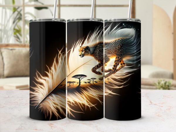 Cheetah Feather Art 20oz Skinny Tumbler Wrap, Sublimation Tumbler, Wildlife Design Tumbler, Safari-Themed Drinkware, Unique Gift Idea - Image 2