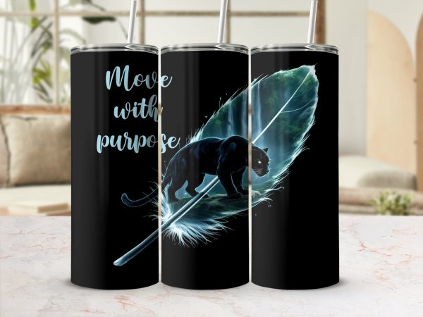 Move with purpose 20oz Skinny Tumbler Wrap, Black Panther Tumbler Cup Wrap, Feather Print Sublimation, Wildlife Tumbler Gift - Image 2