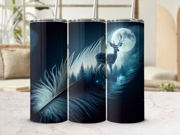 Moonlit Deer Forest, Feather Art Design, Skinny Tumbler Wrap, 20oz Sublimation, Unique Nature Theme, Mystical Night Scene, Forest Animals - Image 2